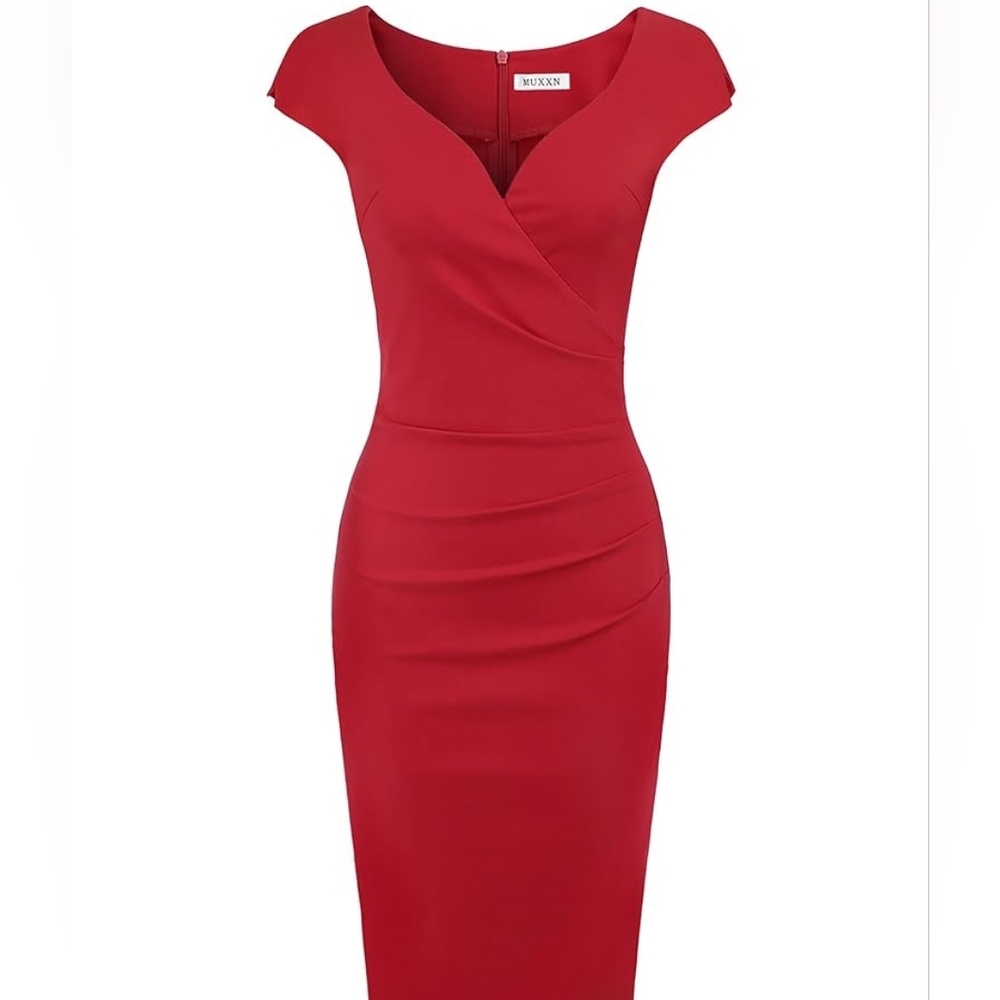 🎉 Red Sheath Dress Sz S 4 6 V Neck Cap Sleeve Elegant Le Chateau - Picture 2 of 11